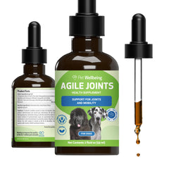 Pet Wellbeing Agile Joints, bouteille 59 ml, soutien quotidien à la mobilité du chien.