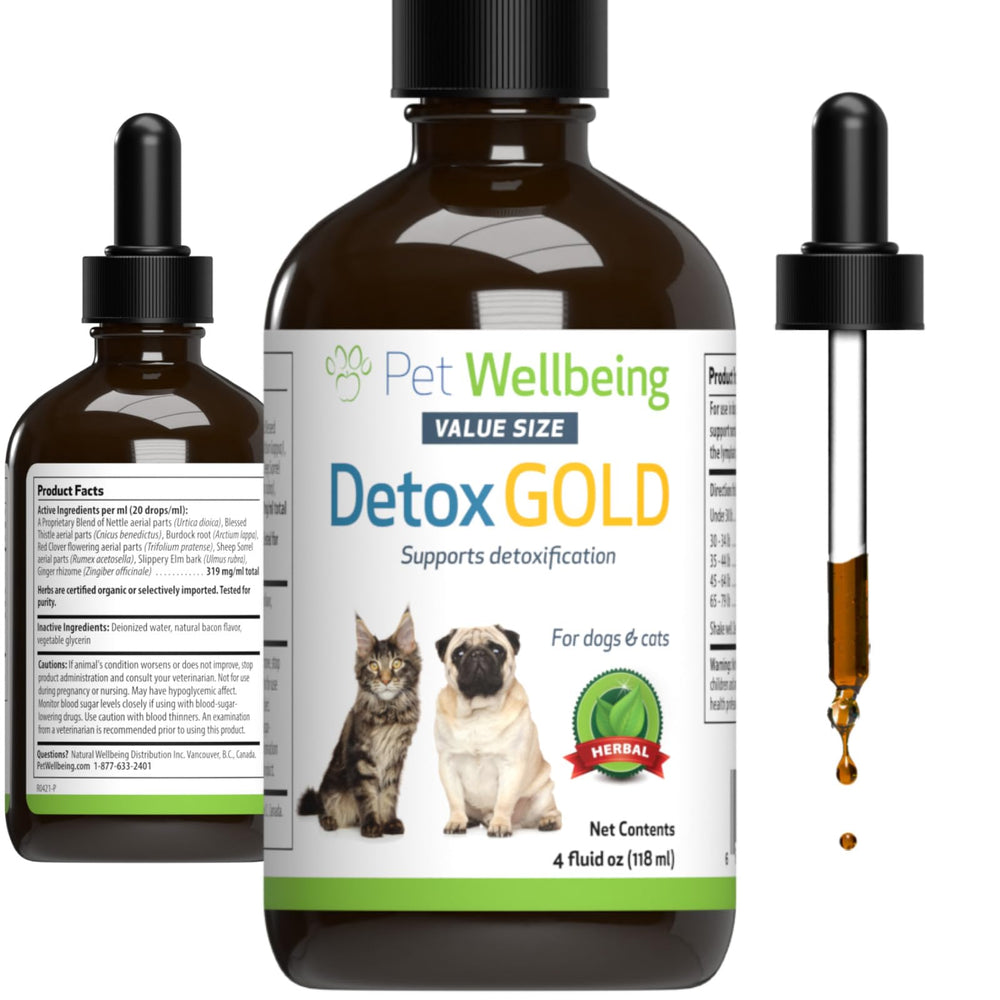 Pet Wellbeing Detox Gold — Bouteille, soutien détox et vitalité animale.