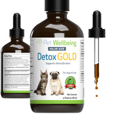 Pet Wellbeing Detox Gold — Bouteille, soutien détox et vitalité animale.