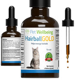 Pet Wellbeing Hairball Gold, flacon 59 ml, facilite le passage des boules de poils.
