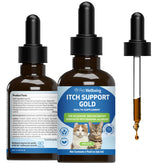 Pet Wellbeing Itch Support Gold, bouteille avec pipette pour apaiser les démangeaisons.