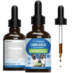 Pet Wellbeing Lung Gold : flacon-gouttes saveur bacon facilitant l'administration quotidienne.