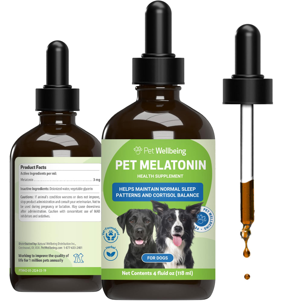 Pet Wellbeing Mélatonine chien flacon: soutien au sommeil naturel.