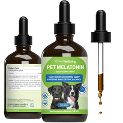Pet Wellbeing Mélatonine chien flacon: soutien au sommeil naturel.