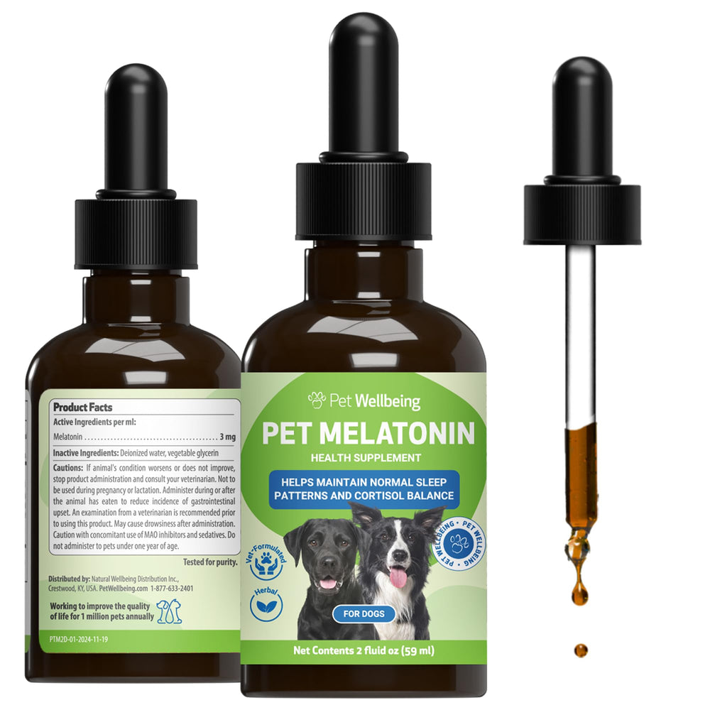 Pet Wellbeing Mélatonine pour chiens — flacon-gouttes, soutien potentiel au sommeil.