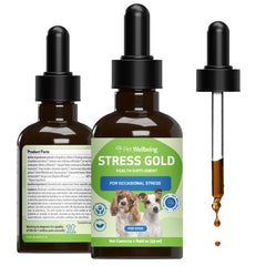 Stress Gold de Pet Wellbeing: bouteille pour chiens, soutien rapide lors de situations stressantes.