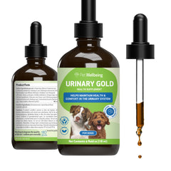 Pet Wellbeing Urinary Gold – bouteille montrant le soutien urinaire naturel pour chiens.