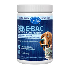 Bene-Bac Plus PetAg : poudre en bouteille pour chiens et chats, soutien digestif potentiel.