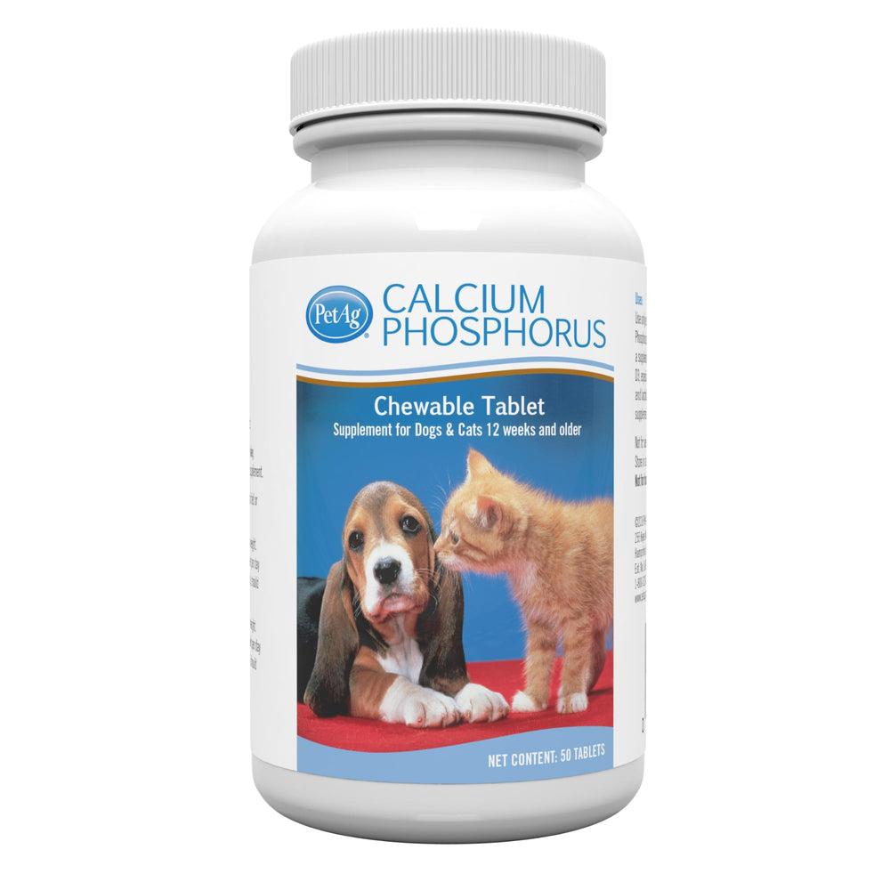 Boîte PetAg Calcium Phosphorus Tablets prête à l’emploi pour chiens et chats.
