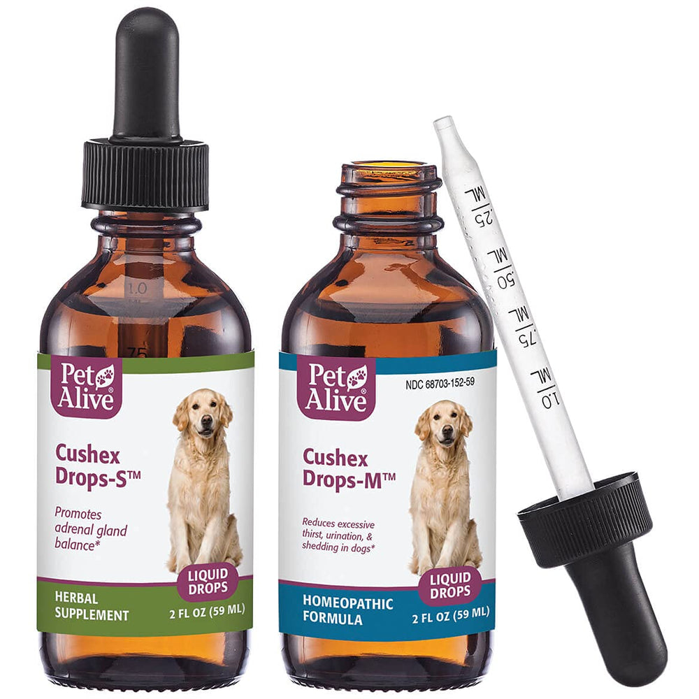 PetAlive Complete Cushex - bouteille: soutien potentiel pour l'équilibre des glandes surrénales chez le chien.
