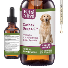 Cushex Drops-S de PetAlive, flacon visible, soutien potentiel à l'équilibre hormonal.