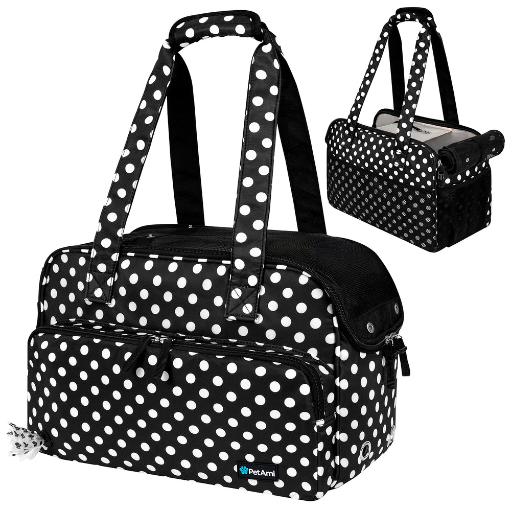 PetAmi Sac petit chien pois noir, vue avant, adapté pour déplacements quotidiens.
