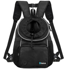 Porte-chien devant PetAmi utilisé par un humain, idéal pour les promenades.
