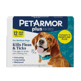 Boîte PetArmor Plus avec étiquette visible, protection efficace contre puces et tiques.