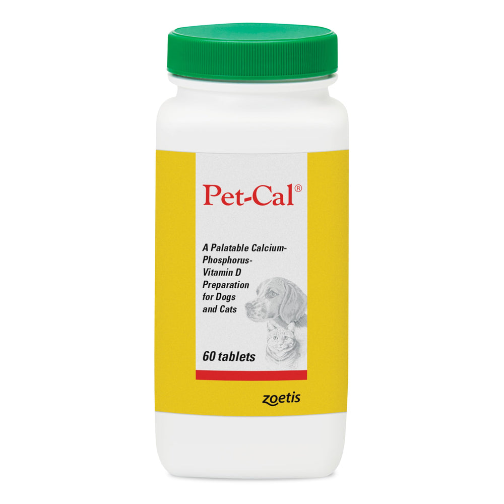 Pet-Cal bouteille de 60 comprimés à croquer, pratique pour chiens et chats.