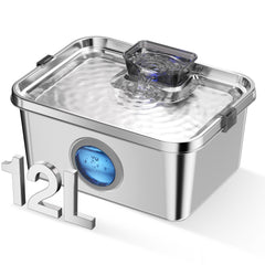 Fontaine PETIMI pour chien en acier inox, capacité 3 galons et eau fraîche.