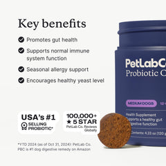 PetLab Co Probiotiques: ingrédients clés soutenant l'équilibre digestif.