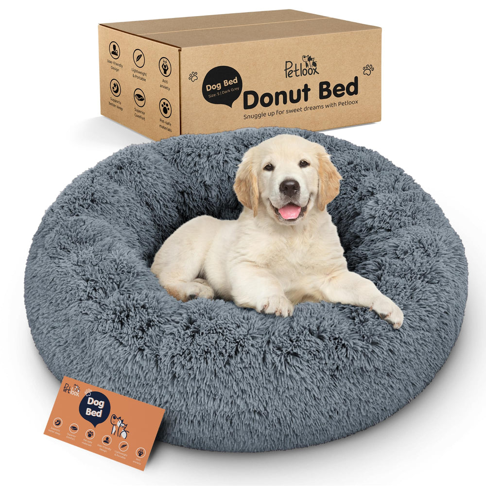 Lit Donut Petloox pour chien gris foncé, confort enveloppant et doux.