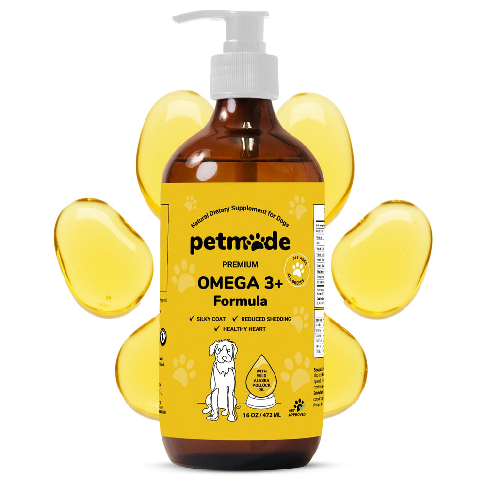 PetMade huile de poisson pollock alaskien pour chien favorise un pelage éclatant et sain.