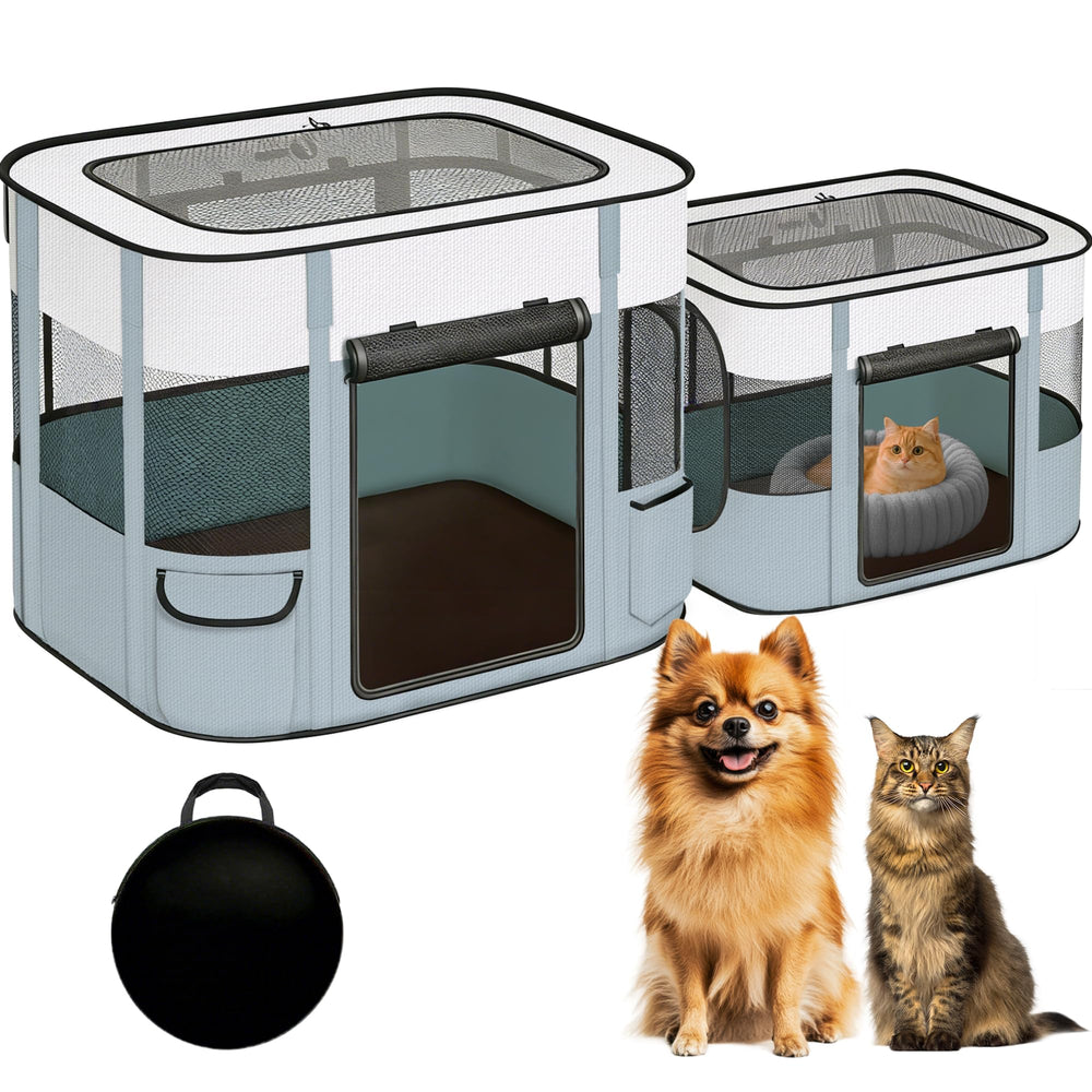 Petmarket playpen avec zones doubles pour chats, séparant jeux et repos pour plusieurs animaux.