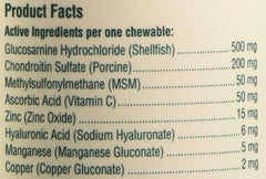 Gamme d’ingrédients actifs PetNC Niveau 2: glucosamine, chondroïtine, MSM et acide hyaluronique.