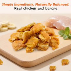 Tranches poulet-banane enrobées PETPURO pour une saveur unique.