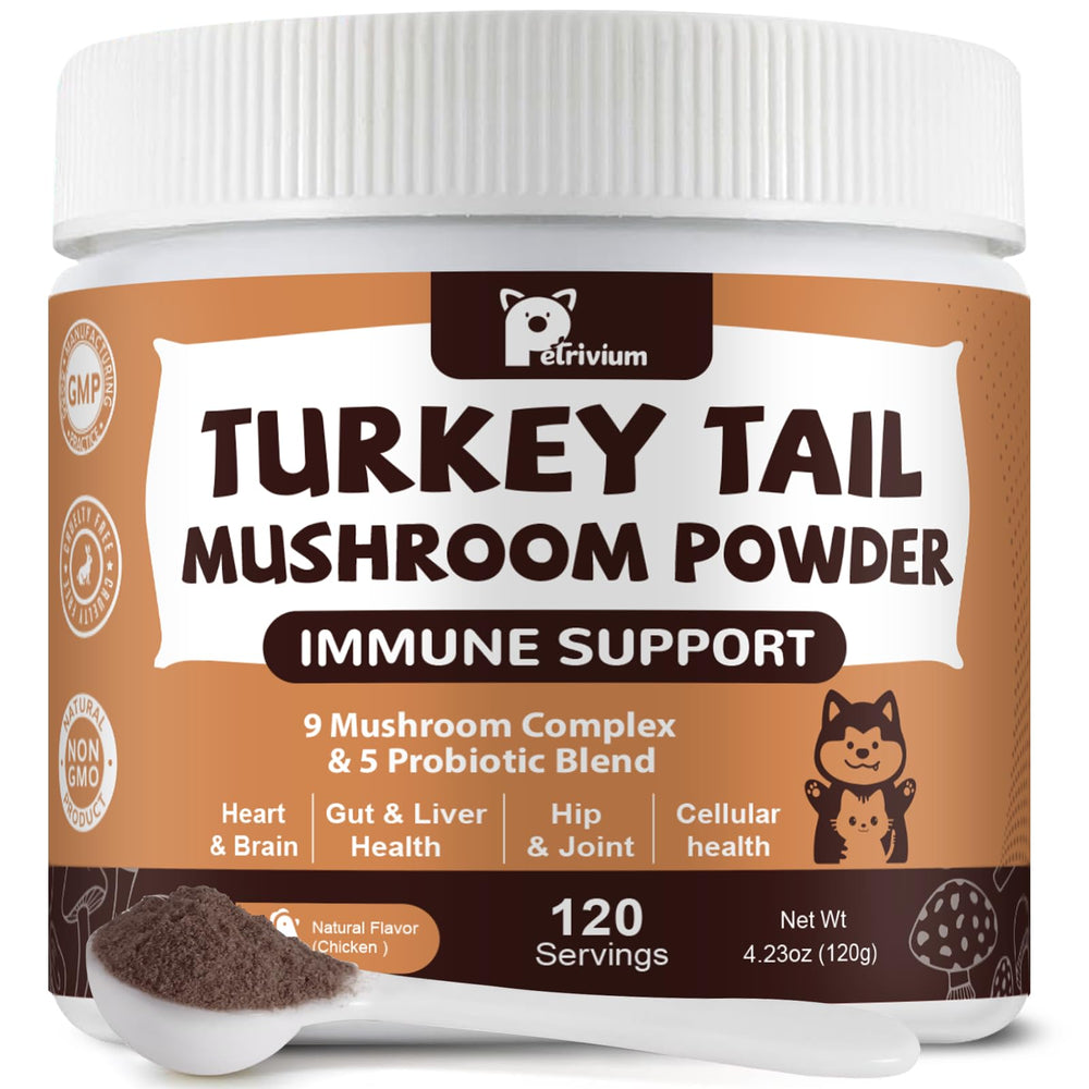 Petrivium: bouteille de complément champignons pour chiens et chats, soutien immunitaire potentiel.