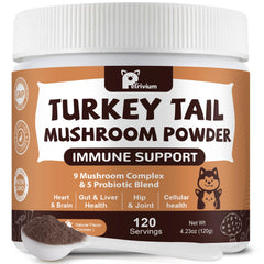 Petrivium: bouteille de complément champignons pour chiens et chats, soutien immunitaire potentiel.