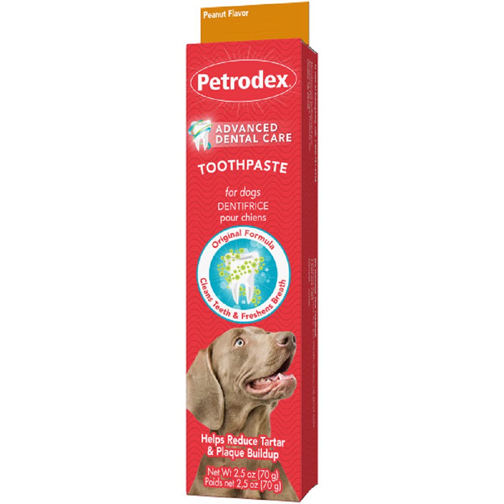 Dentifrice Petrodex pour chiens – tube visible, facilite le brossage.