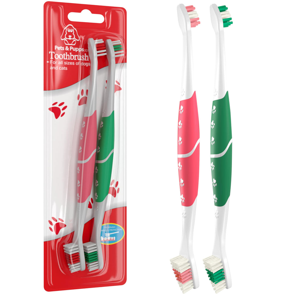 Brosse Pets & Pupps à tête double rose verte nettoyant les dents des chiens et chats.
