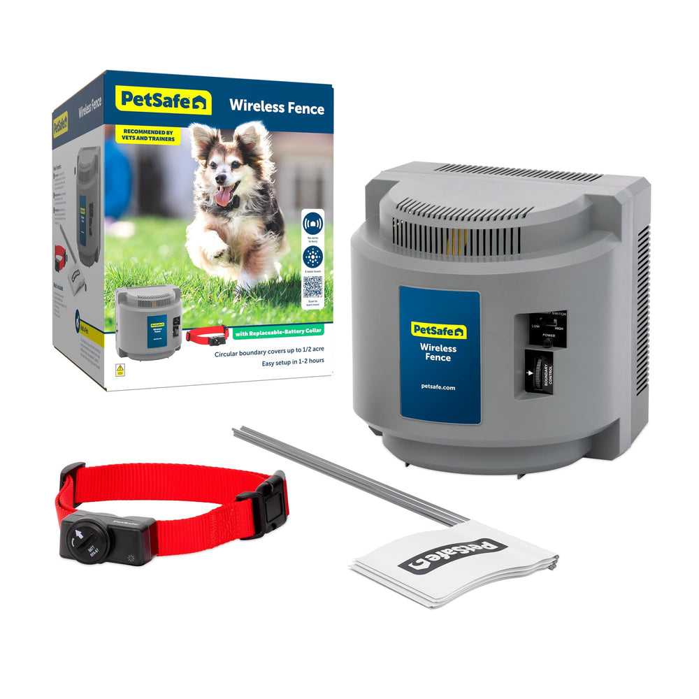 PetSafe système d’enceinte sans fil démontrant la couverture jusqu’à 0,5 acre pour chien.