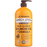 Petsmont Omega Love, bouteille pompe saumon sauvage, soutien peau et pelage sain chez le chien.