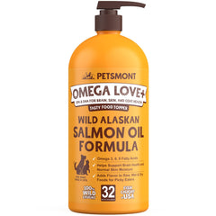 Petsmont Omega Love, bouteille pompe saumon sauvage, soutien peau et pelage sain chez le chien.
