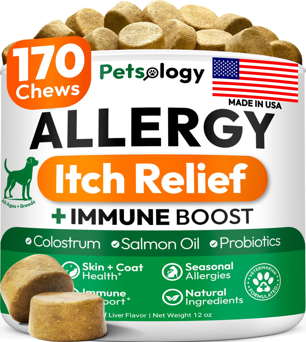 Petsology Dog Allergy Relief Chews en bouteille, pratique à administrer et potentiellement apaisante pour les démangeaisons.