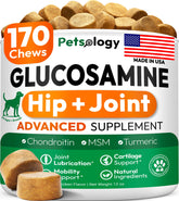 Petsology glucosamine pour chiens: bouteille et étiquette, soutien potentiel des articulations.