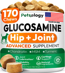 Petsology glucosamine pour chiens: bouteille et étiquette, soutien potentiel des articulations.