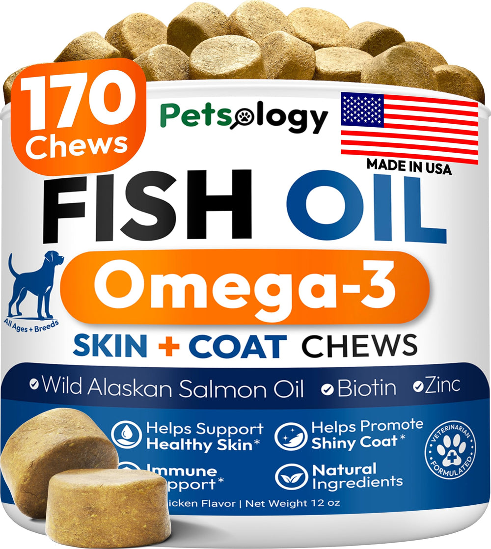 Petsology Omega-3 pour chien – friandises en bouteille pour peau saine et pelage brillant.