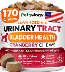 Petsology bouchées chien, emballage bouteille, soutien potentiel santé urinaire.