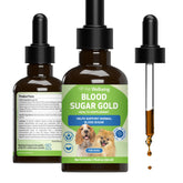 Pet Wellbeing Blood Sugar Gold pour chiens — bouteille et dosage précis.