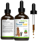 Pet Wellbeing Throat Gold – bouteille pratique facilitant le dosage quotidien pour la gorge.