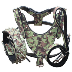 Harnais Pimaodog clouté en PU camouflage pour promenades audacieuses.