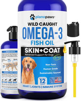 Planopaws Omega3 chien — bouteille pompe, administration simple sur les croquettes.