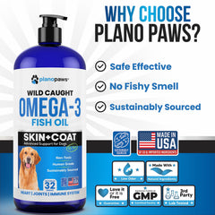 Plano Paws – huile liquide, pelage brillant et peau hydratée.