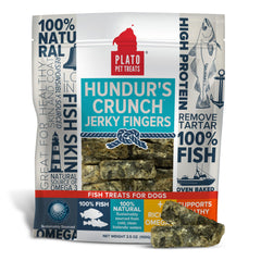 PLATO Hundur's Crunch Doigts Poisson — emballage coloré, pratique pour les sorties.