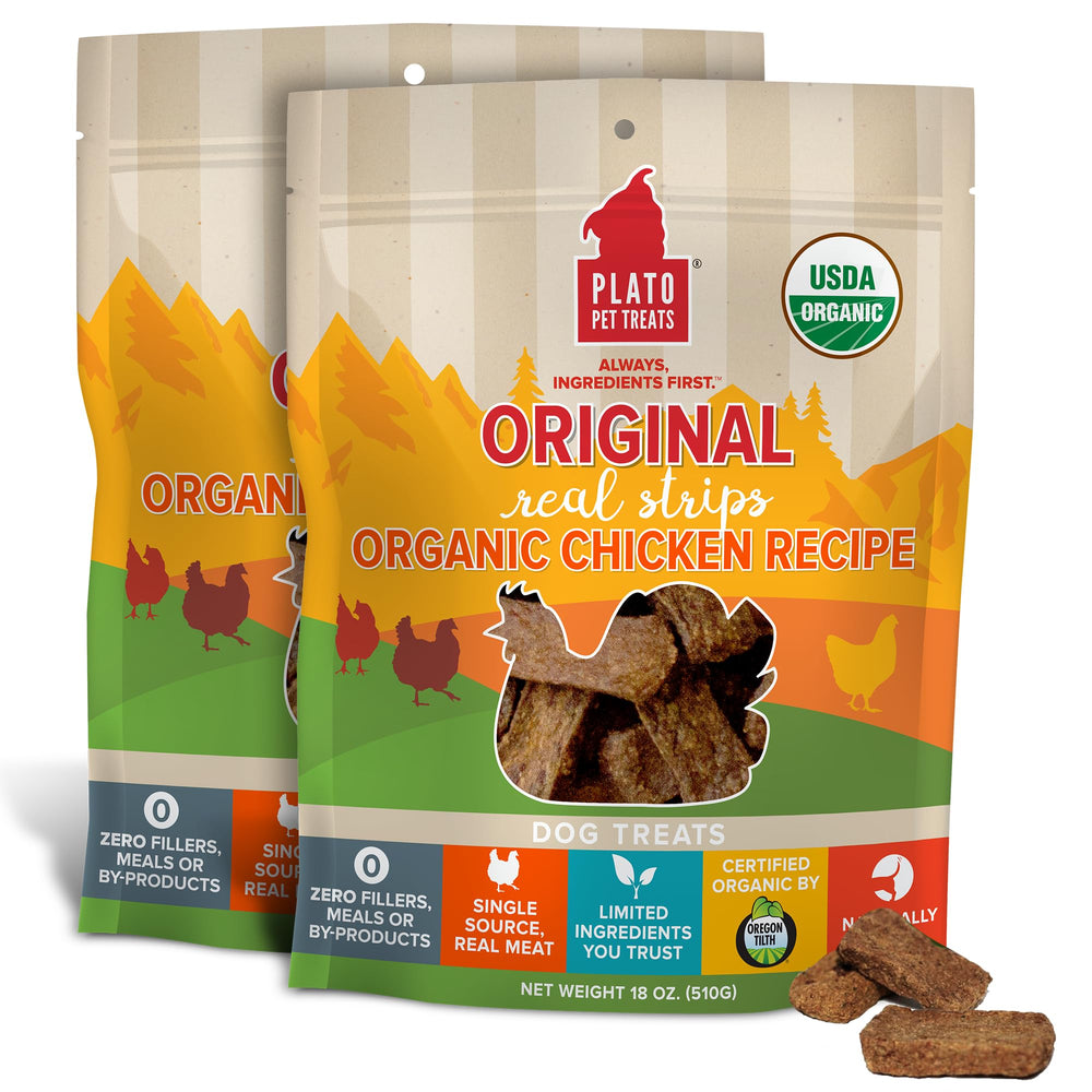 PLATO Real Strips: barres de poulet aeriennes, texture tendre pour chien qui aime mastiquer.