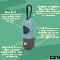 Poop Mate présente le clip d’attache et la carabine métallique pour un rangement pratique.