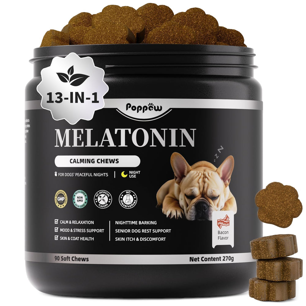 POPPAW bouteille apaisante mélatonine pour chien, soutien potentiel au sommeil nocturne.