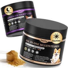 PopPaw vitamines chien poudre jour-nuit, énergie diurne et récupération nocturne.