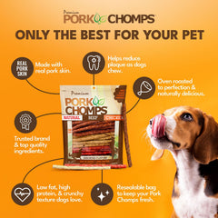 Pork Chomps saveurs porc rôti offrent un goût appétissant et stimulant pour chiens gourmands.