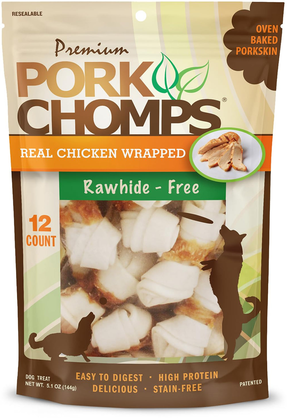 Pork Chomps mini-noeuds enrobe poulet, bouchée savoureuse et durable.